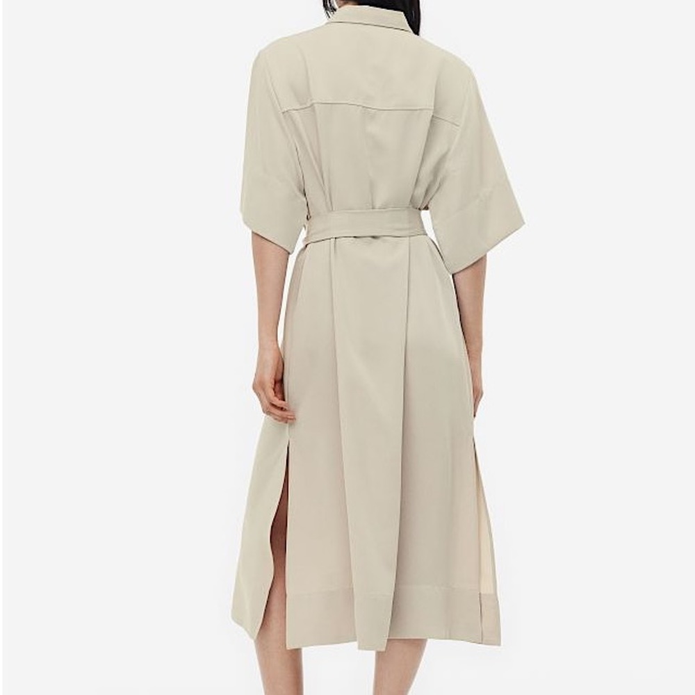 H&M MIDI SHIRT DRESS KIMONO SLEEVES RELAXED FIT BELTED Beige - Picture 3 of 14